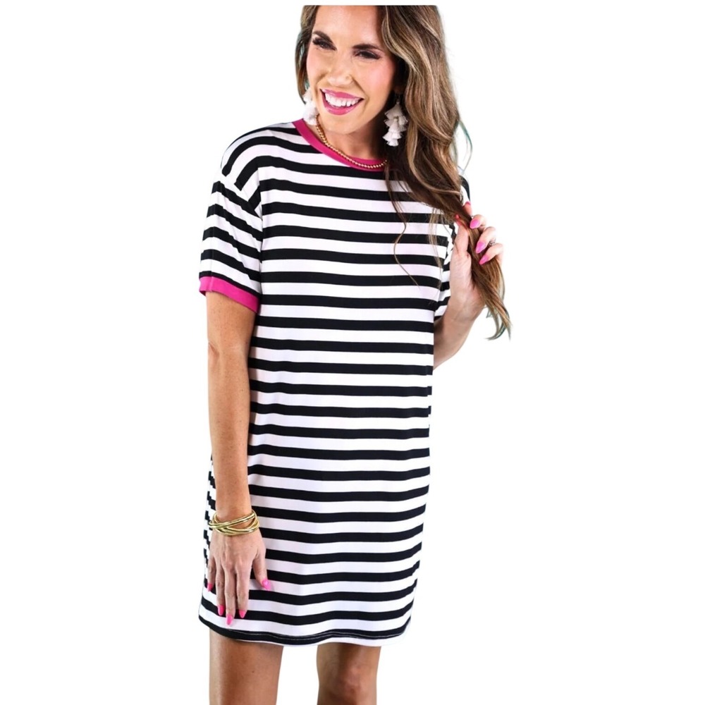Jess Lea Living in Stripes Dress Black White Pink Striped T-Shirt Mini Dress L